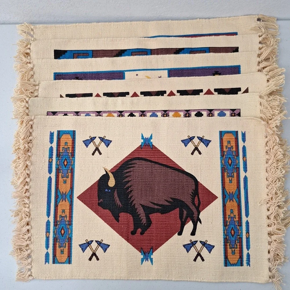 Vtg El Paso Saddleblanket Co Southwestern Woven Placemats Aztez Designs, 6 pc